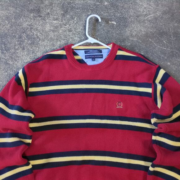 Vintage Tommy Hilfiger Sweater Mens XL Red Stripe Embroidered Lion Crest Logo - Picture 2 of 8